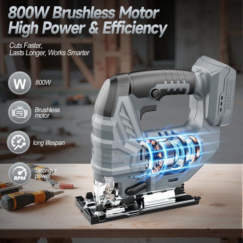 Fledukten Cordless Jigsaw Compatible with DeWalt 20V Battery, Brushless Motor, 7-Speed Variable Control, 3200 RPM, 800W Power, 0–45° Bevel, LED Light, 6 Blades Included (Tool Only) - Image 2
